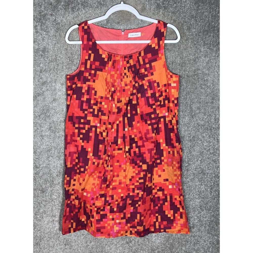 Calvin Klein Sleeveles Shift Dress Women Sz 10 Red Pintucks Pockets Lightweight